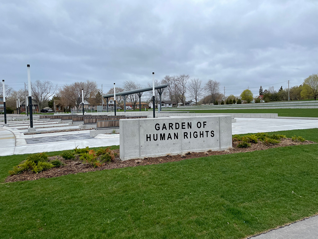The stone sign of the Garden of Human Rights.