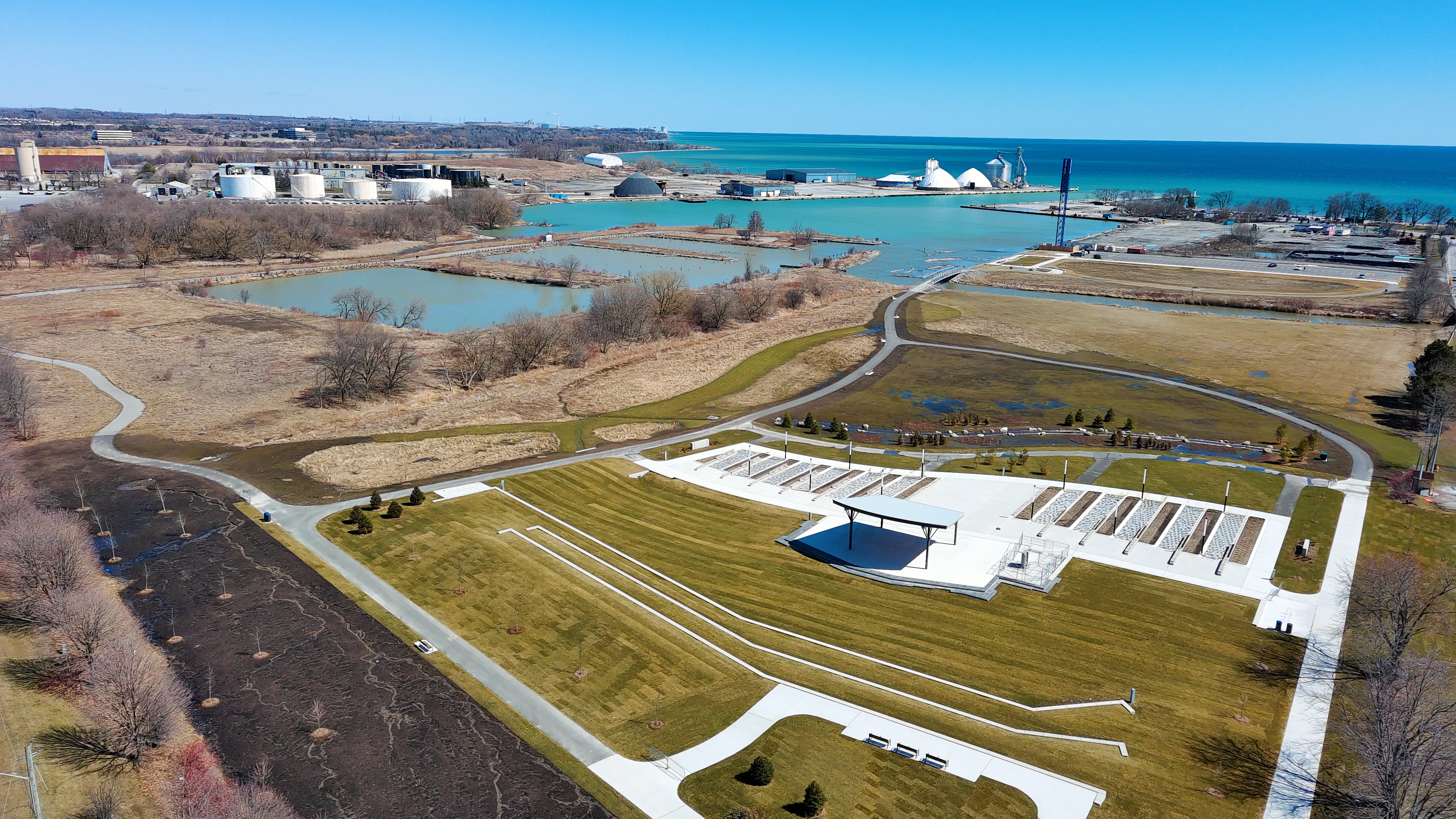 An aerial shot from the north side of the Ed Broadbent Waterfront Park.