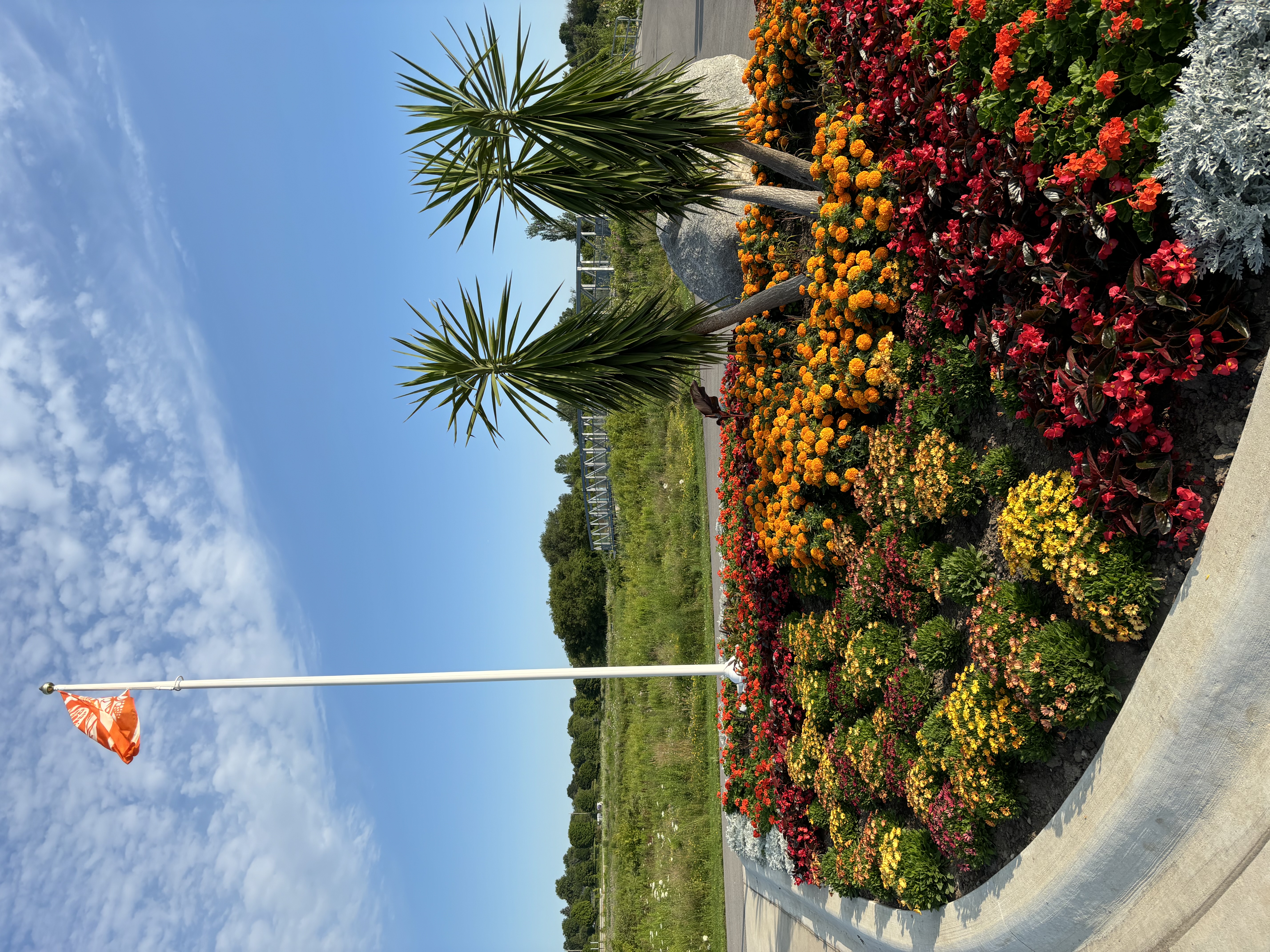 The Orange Garden filled with a variety of flowers lining the ground, three larger plants, and an orange flag raised on a pole. 